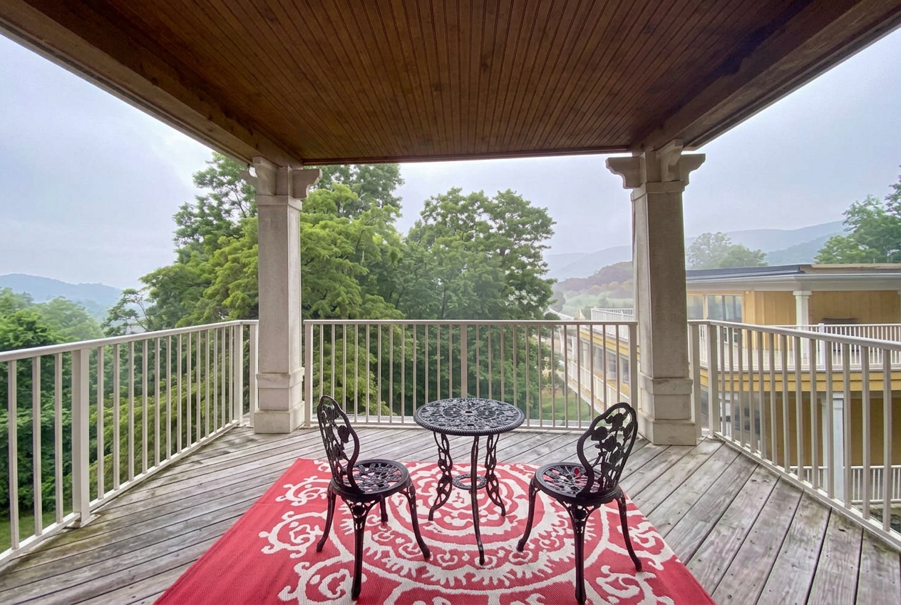 Covered first-floor deck overlooking the mountains