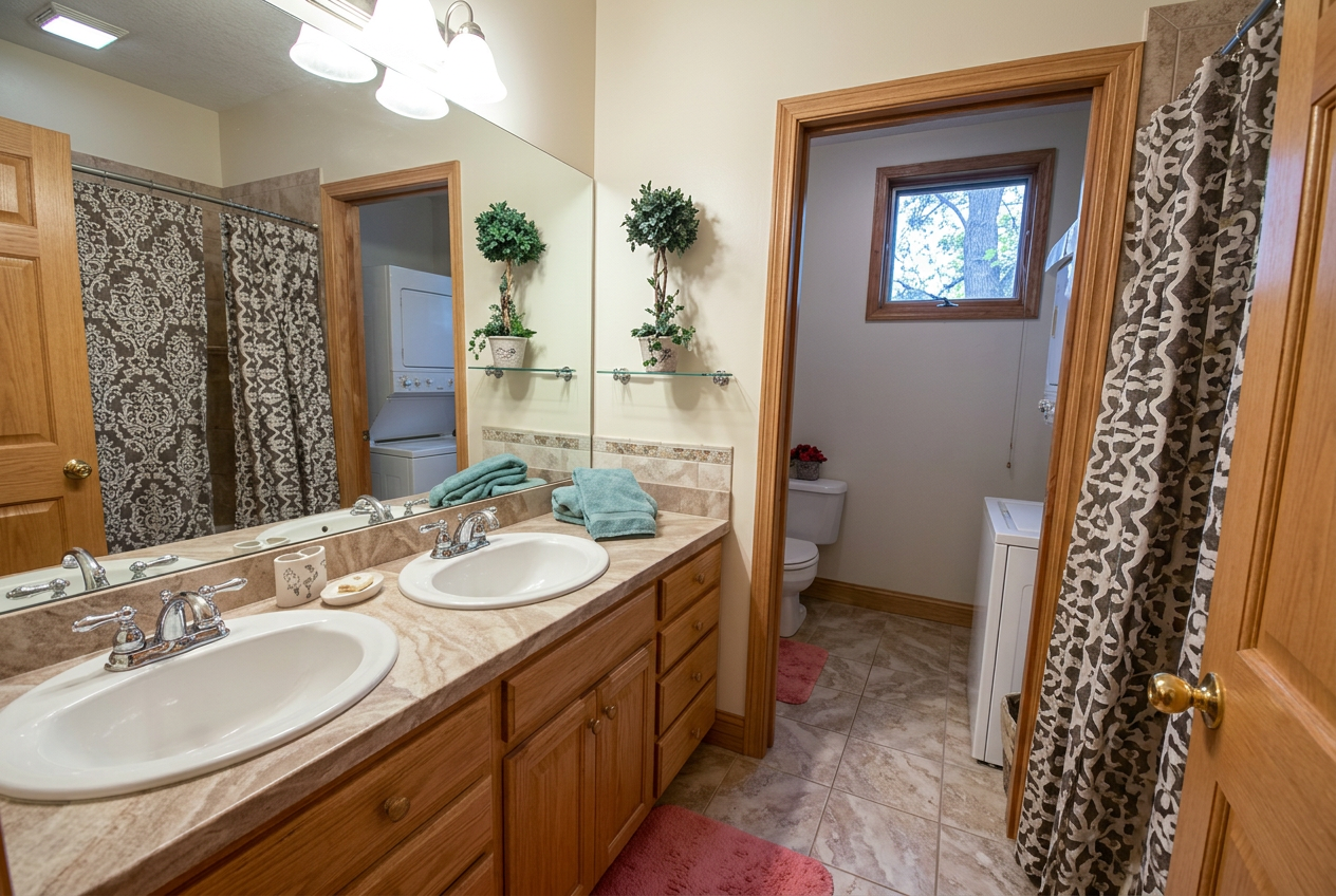 Full bathroom with double vanity and tub-shower