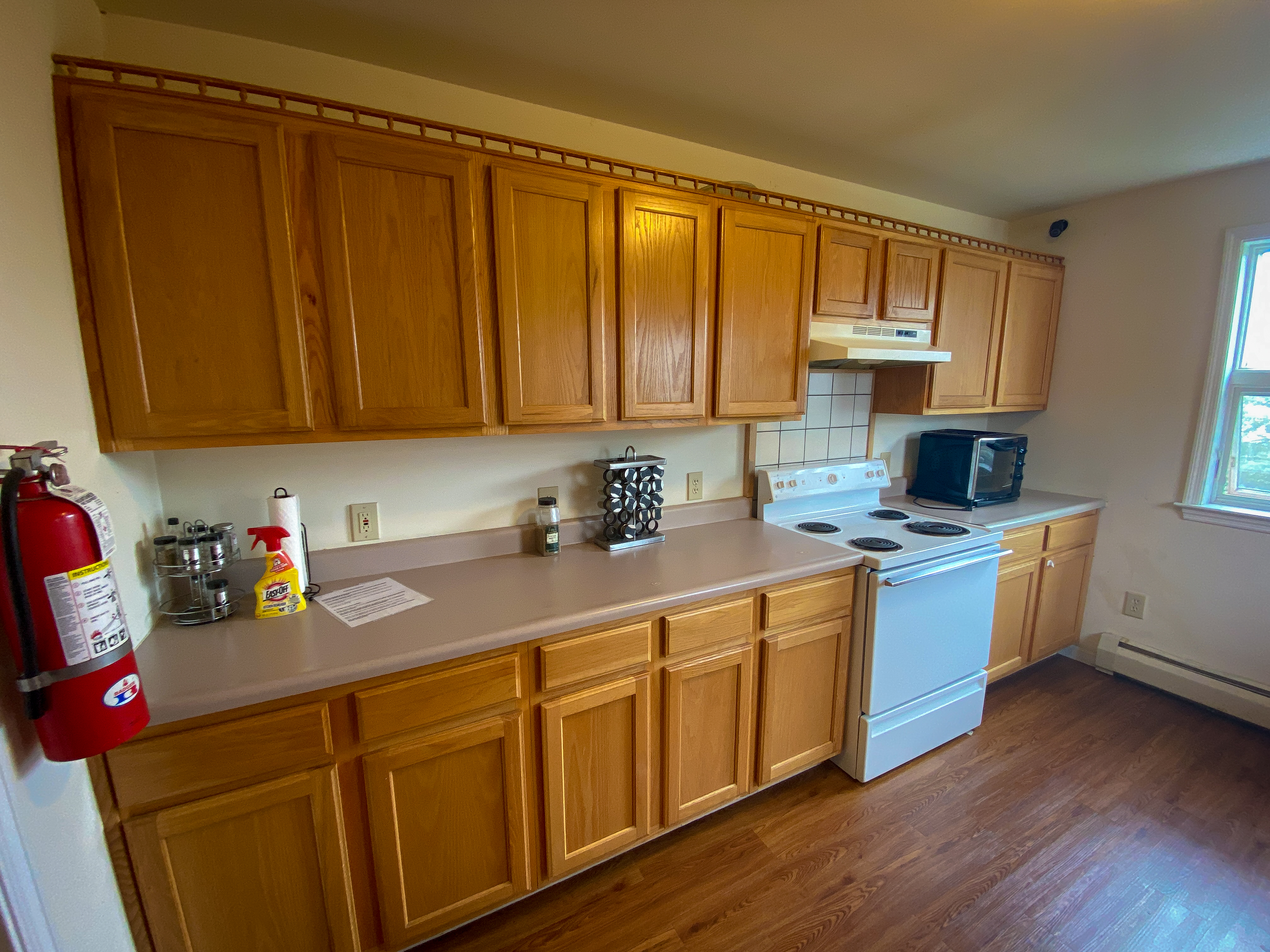 Studio kitchen with electric range and wood cabinetry