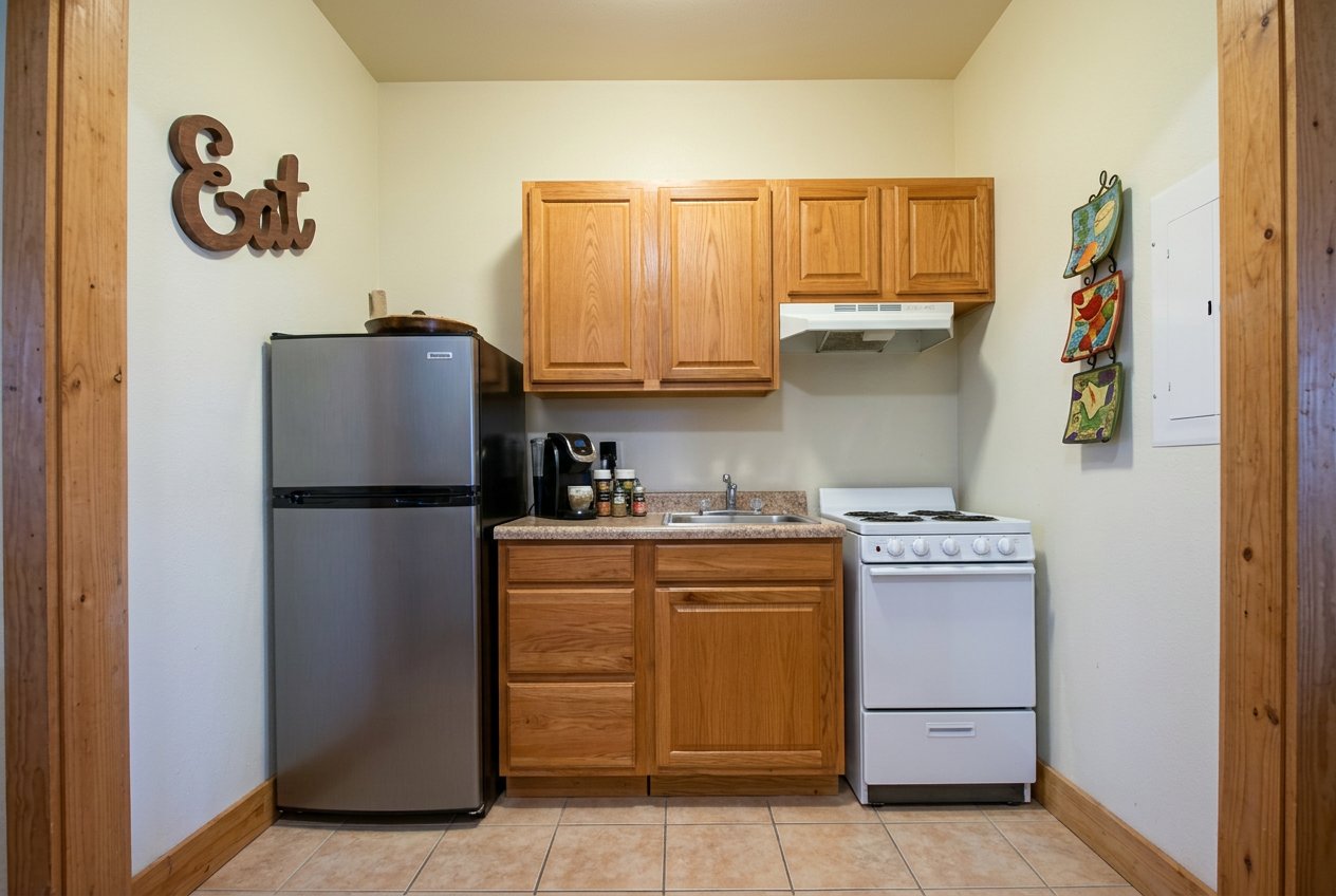 Full kitchen with gas range, fridge, and wood cabinetry