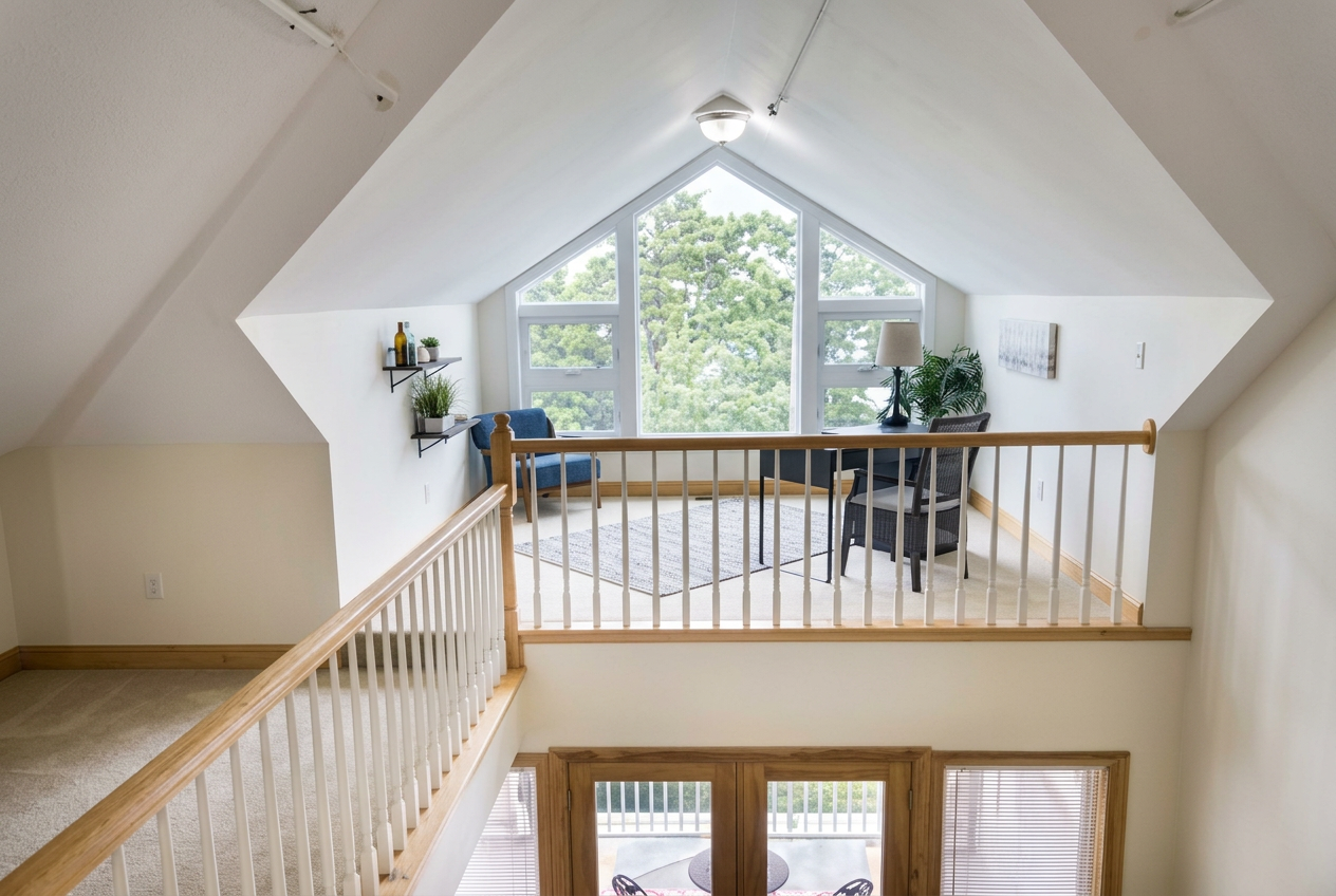 Loft window seat under a peaked dormer ceiling