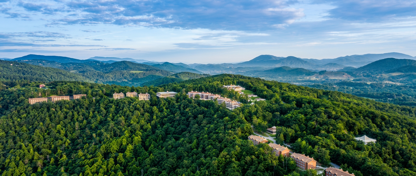 Summer aerial view of Blue Ridge Preservation along a forested ridgeline