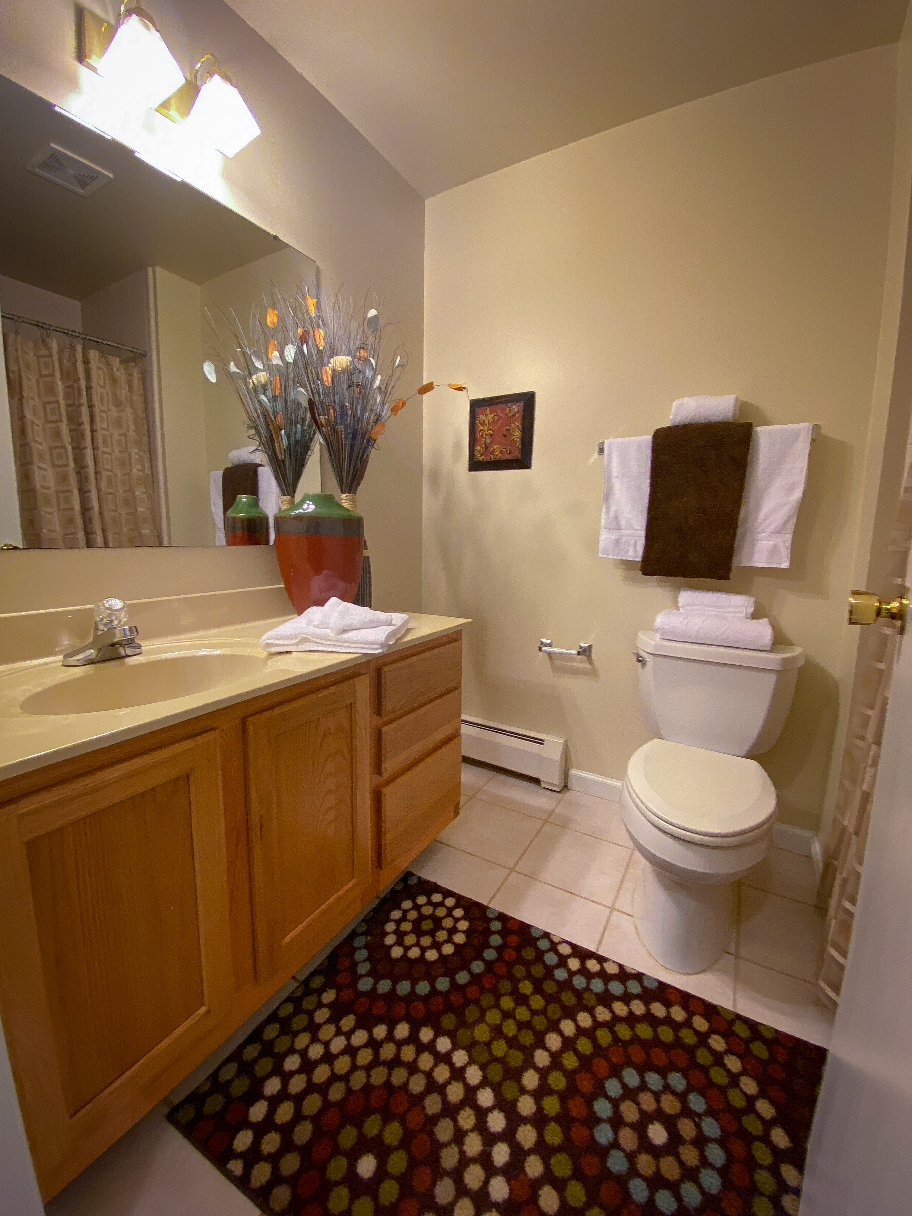 Studio bathroom with vanity and warm finishes