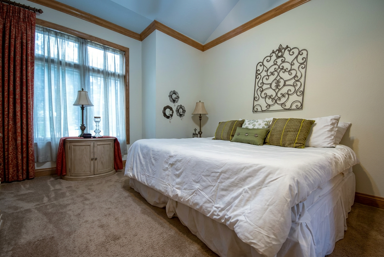 One bedroom suite with queen bed and vaulted trim