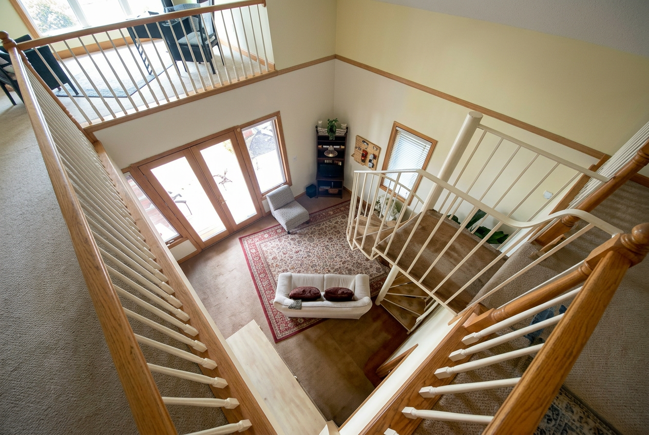 View from the loft down to the entry and living room