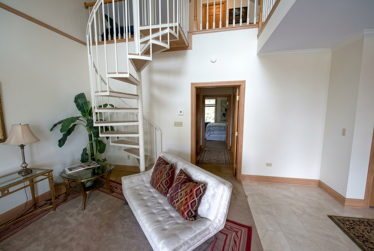 Open living area with sofa and spiral staircase to the loft