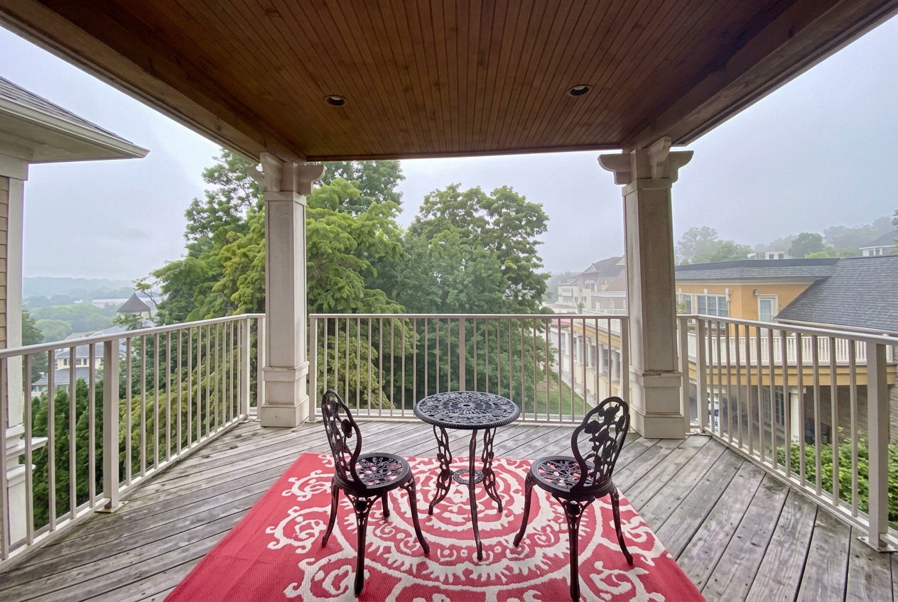Covered deck with bistro seating and mountain view