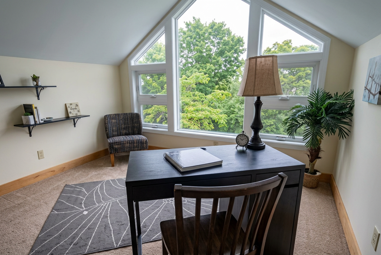 Loft workspace with desk overlooking the trees